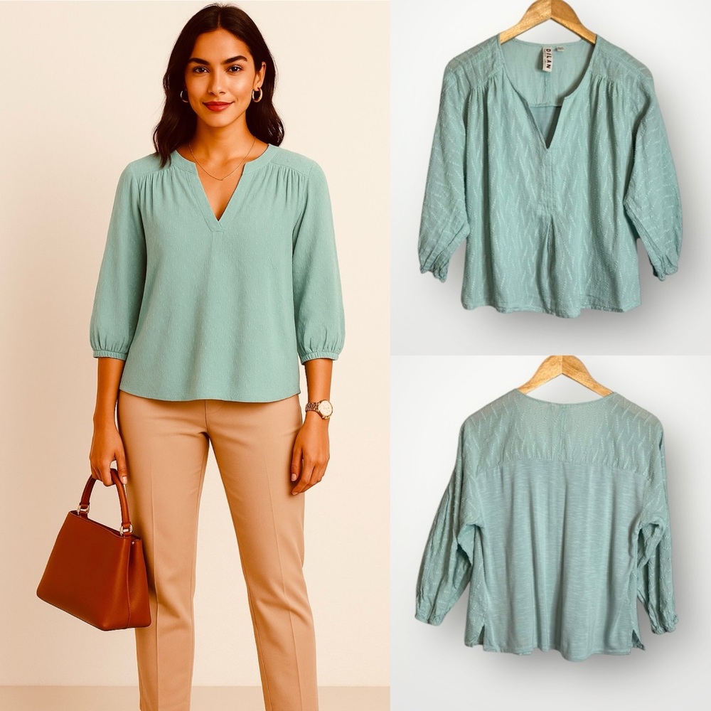 Anthropologie Dolan Swiss Dot Blouse Womens Size Small Pleated Sleeves Seafoam